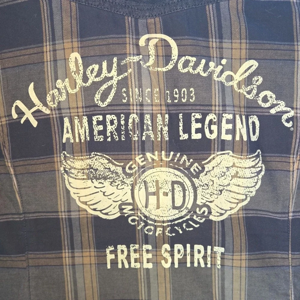 Harley Davidson Plaid Snap Down Women L Gray Tan Graphic Back 96337-19VW‎
